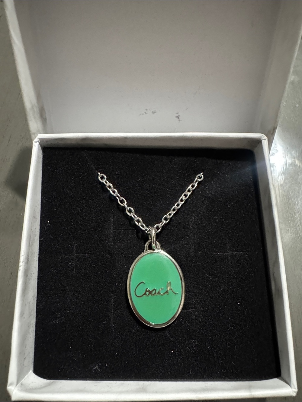 Coach Silver Chain Necklace with Green Enamel Oval Pendant